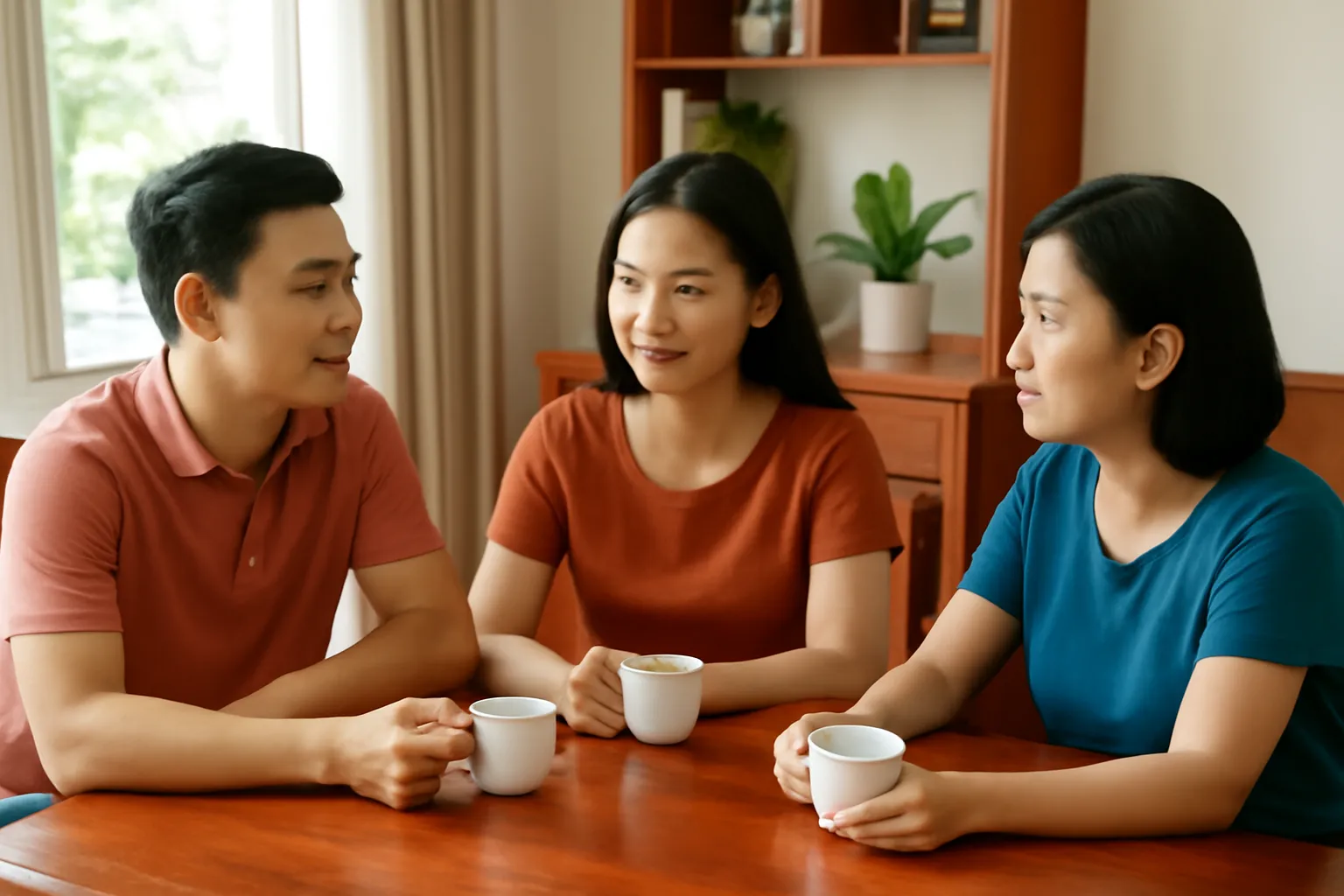 Ba anh chị em ngồi quanh bàn ăn gỗ trong nhà với tách trà, trao đổi