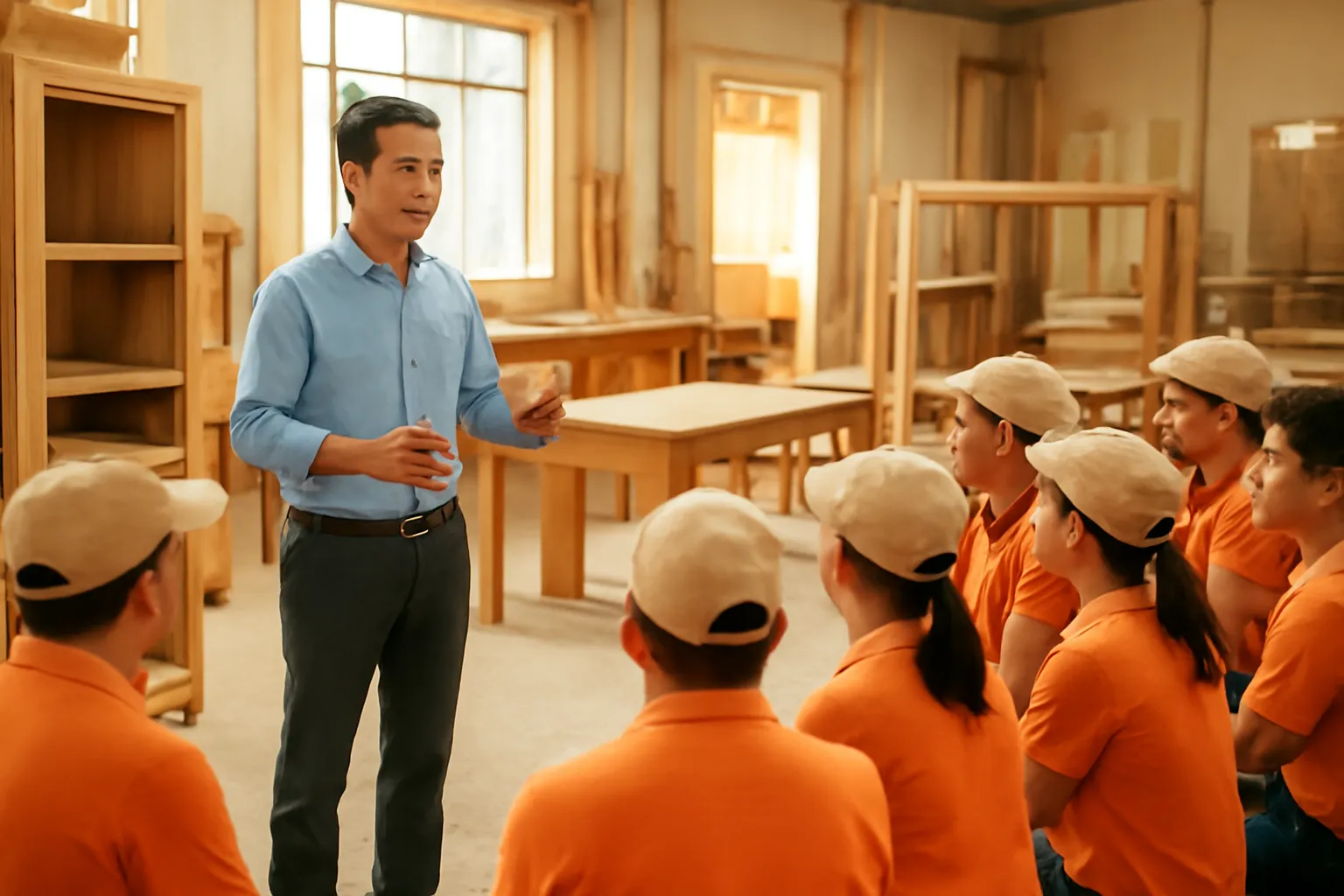 Anh quản lý đứng nói trước khoảng mười người trong xưởng gỗ, mọi người lắng nghe