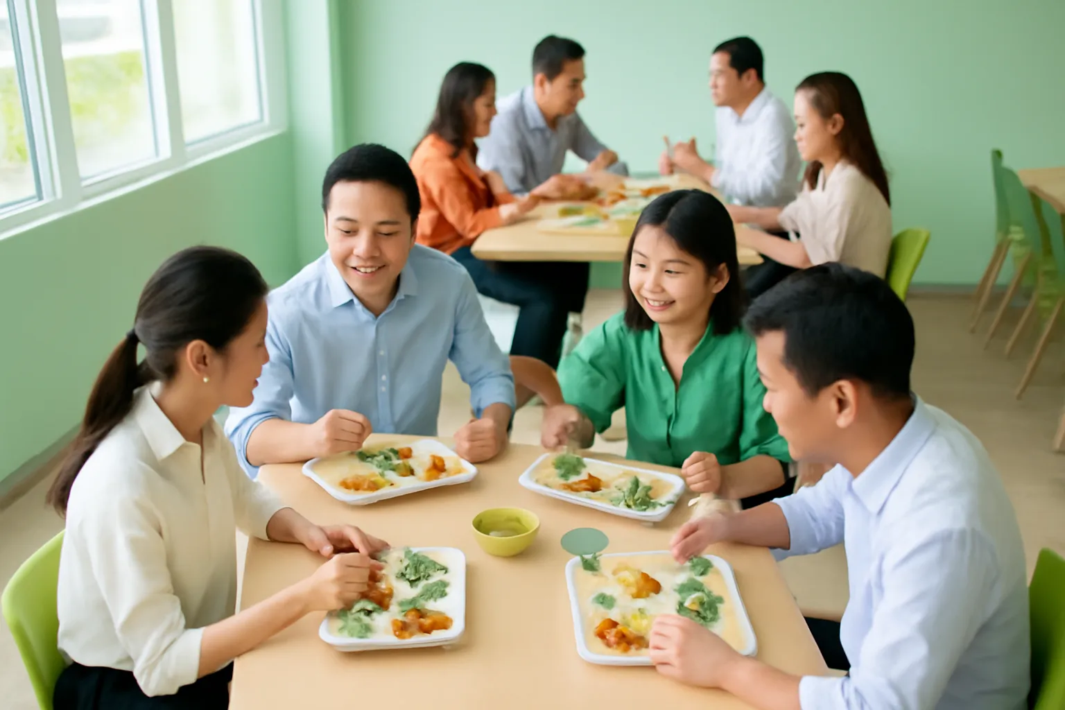 Hai nhóm nhân viên ăn trưa ở hai bàn riêng trong căng tin văn phòng
