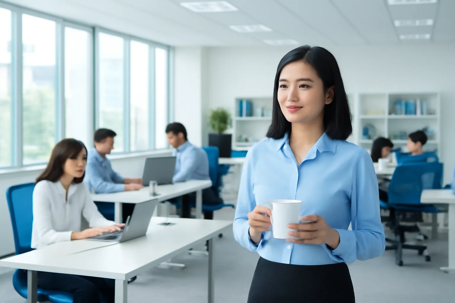 Nữ quản lý mới cầm cốc trà đứng giữa văn phòng sáng nhìn nhóm đang làm việc