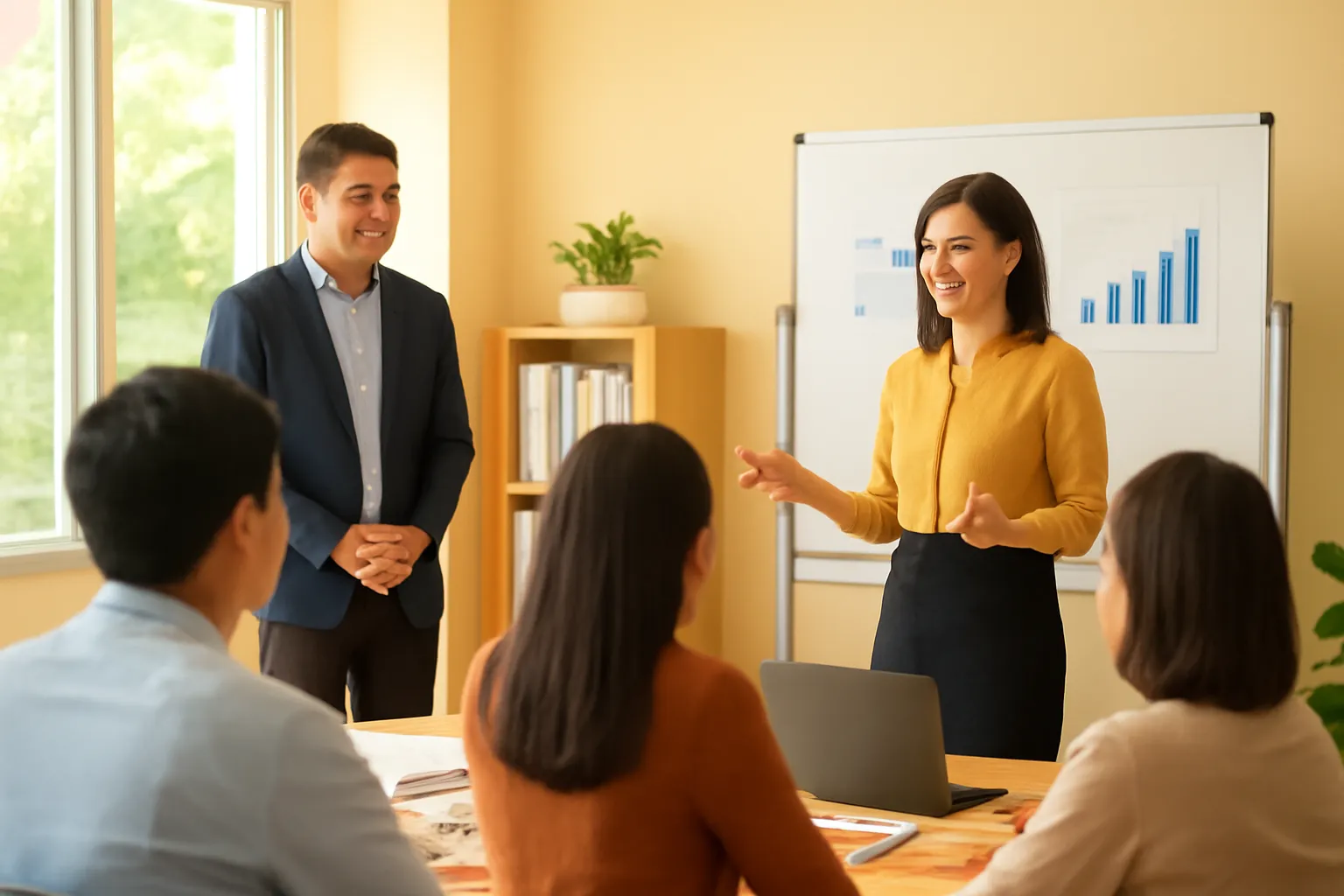 Anh quản lý đứng phía sau khi chị phó nhóm trình bày trước cả nhóm