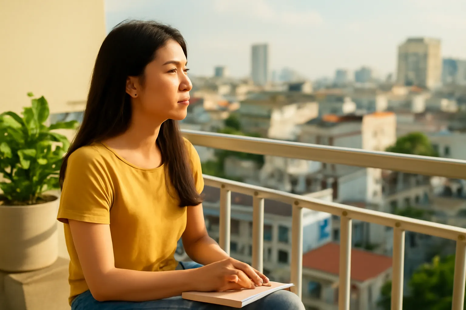 Cô gái trẻ ngồi ban công chung cư buổi chiều, sổ tay đóng, nhìn ra thành phố