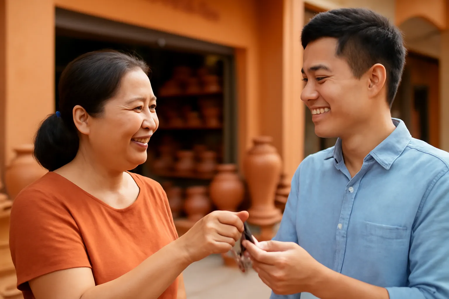 Người mẹ trao chùm chìa khoá cho con trai trước cửa tiệm gốm gia đình