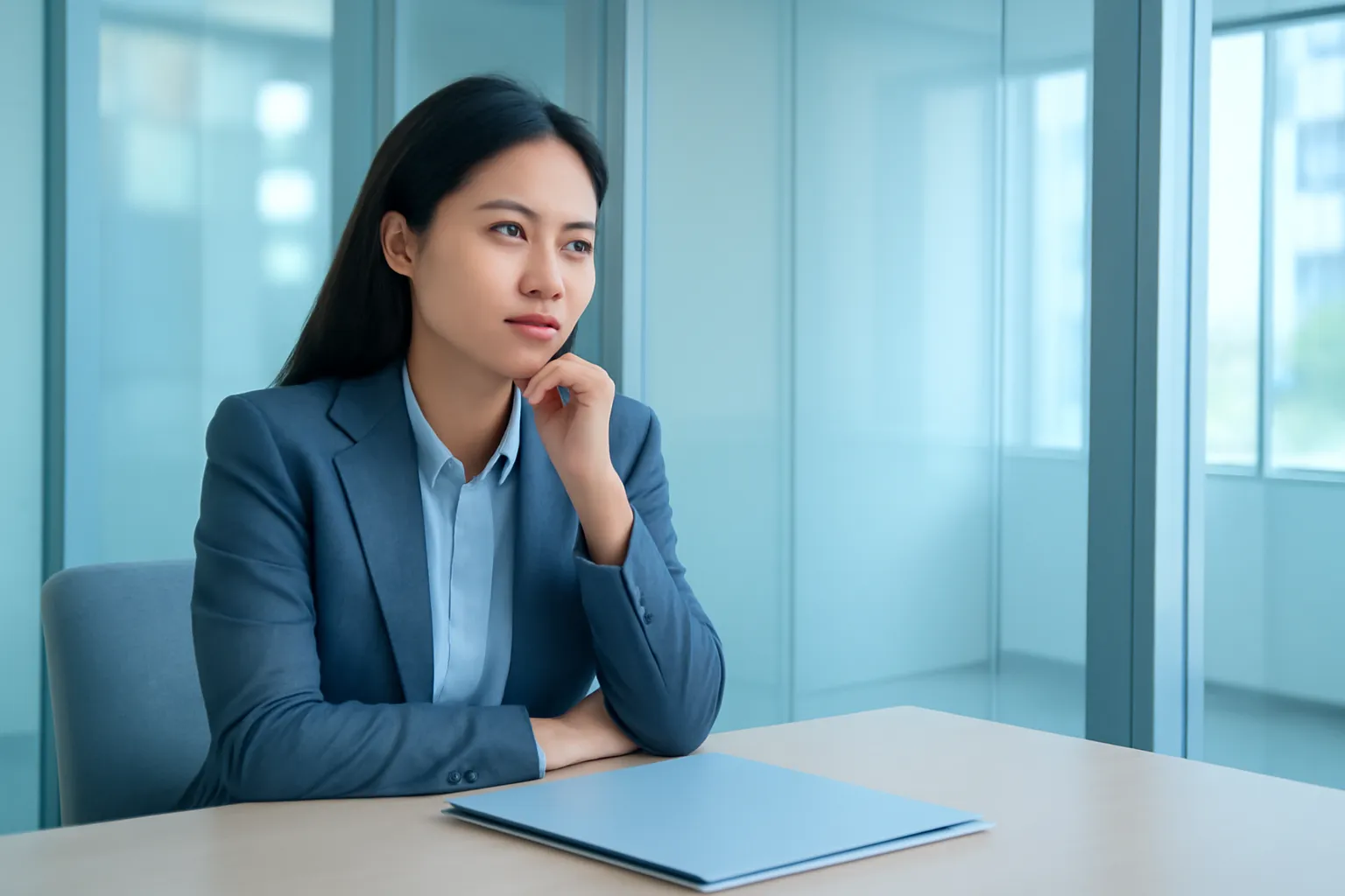 Chị quản lý ngồi một mình trong phòng họp kính, hai tập hồ sơ bìa trơn trước mặt