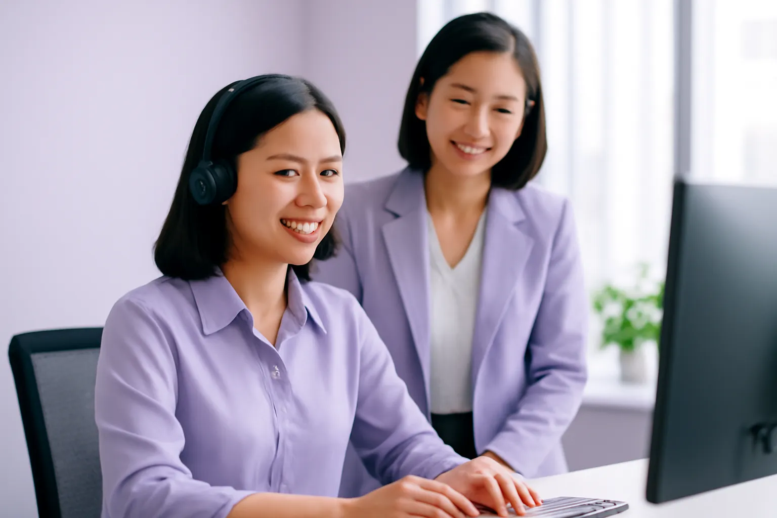 Cô nhân viên chăm sóc khách hàng đeo tai nghe mỉm cười, quản lý đứng sau lắng nghe