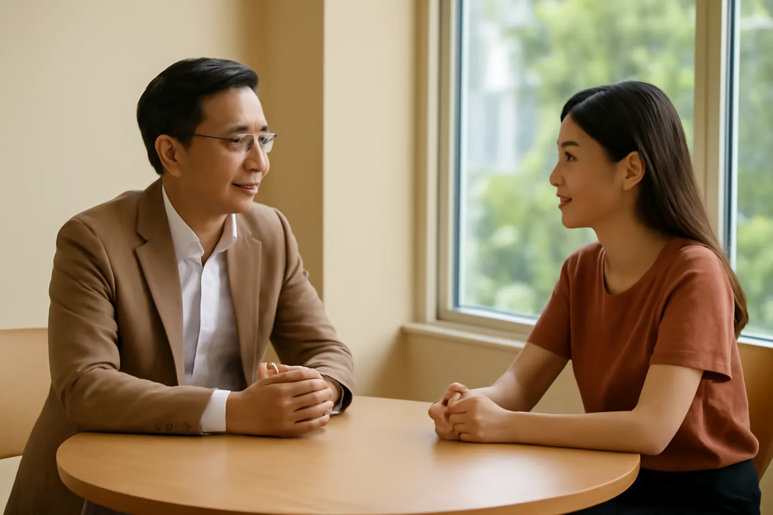Hai người ngồi đối diện bên bàn tròn gỗ cạnh cửa sổ lớn trò chuyện