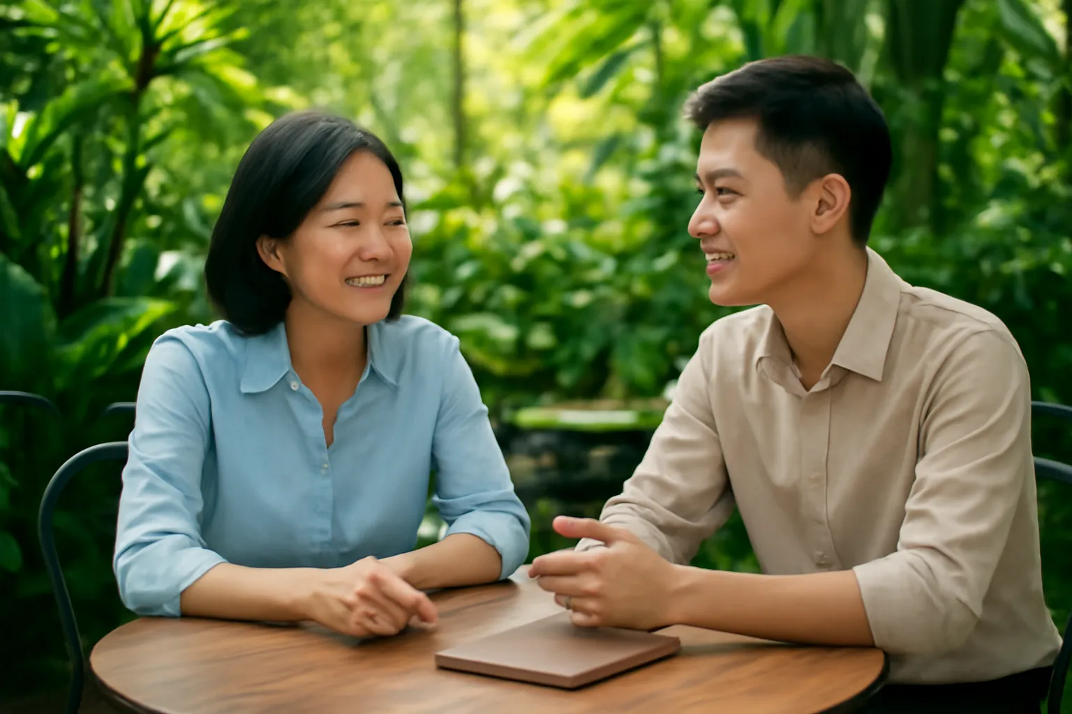 Hai người ngồi quán cà phê sân vườn nhiều cây xanh buổi sáng trò chuyện