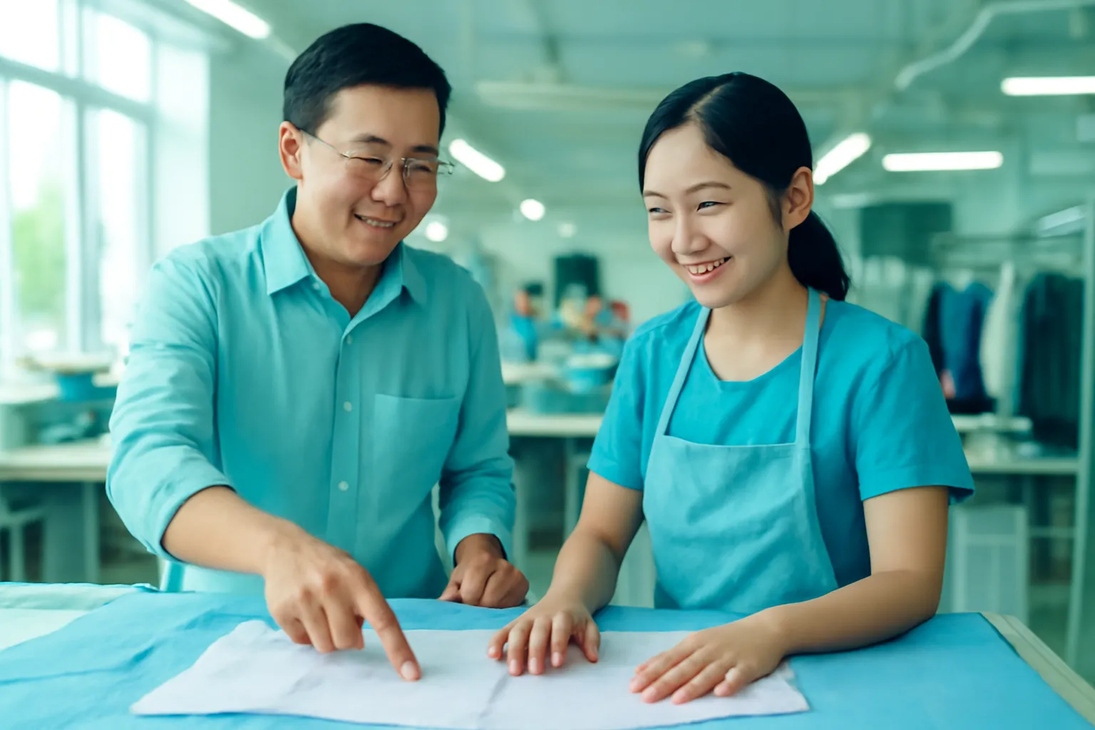 Anh quản lý và cô nhân viên đứng cạnh bàn cắt vải trong xưởng may sáng