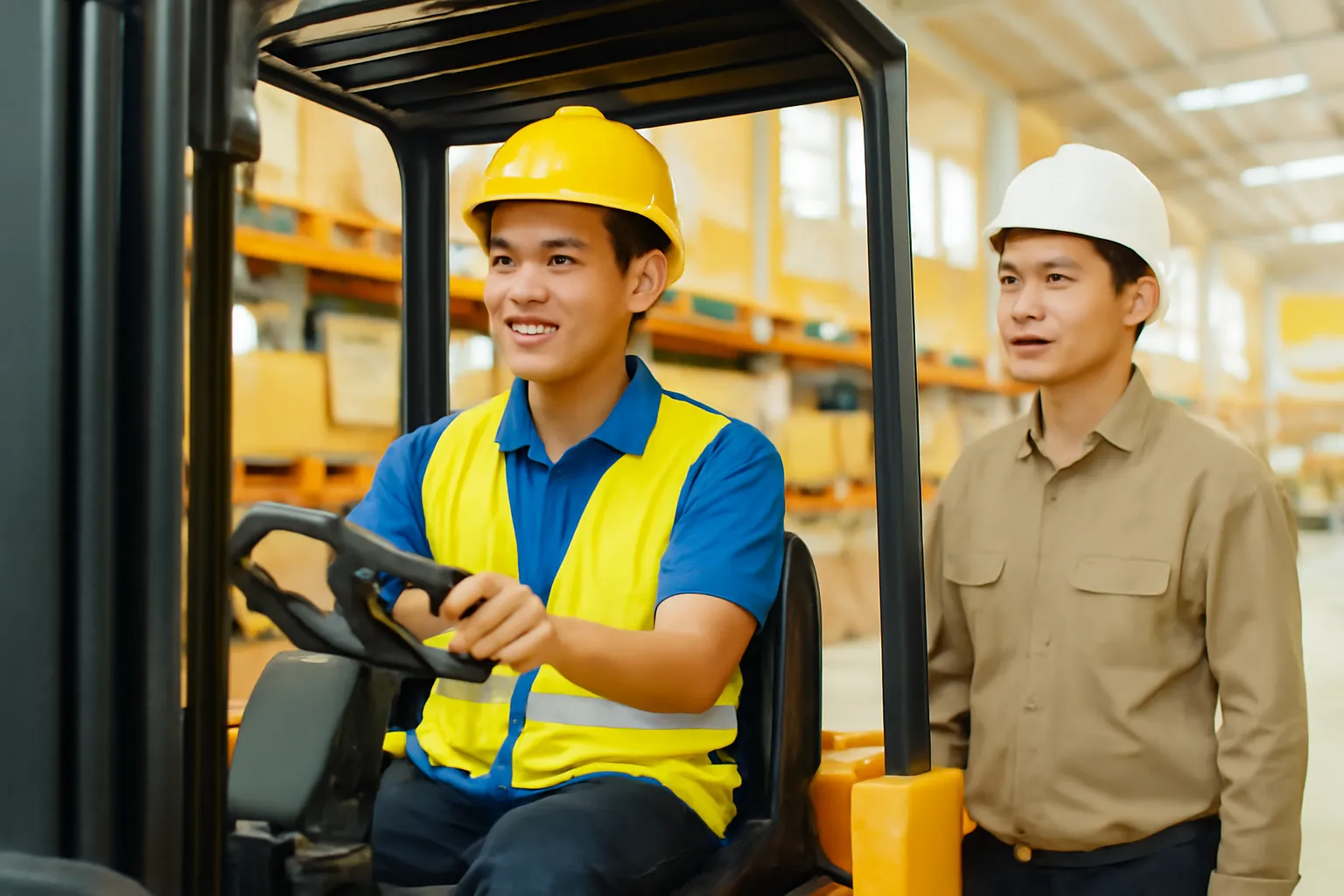 Anh thợ trẻ lần đầu điều khiển xe nâng, người quản lý đứng cạnh quan sát