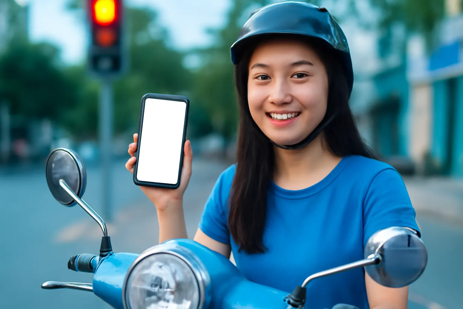 Cô nhân viên ngồi trên xe máy dừng đèn đỏ cầm điện thoại màn hình trống
