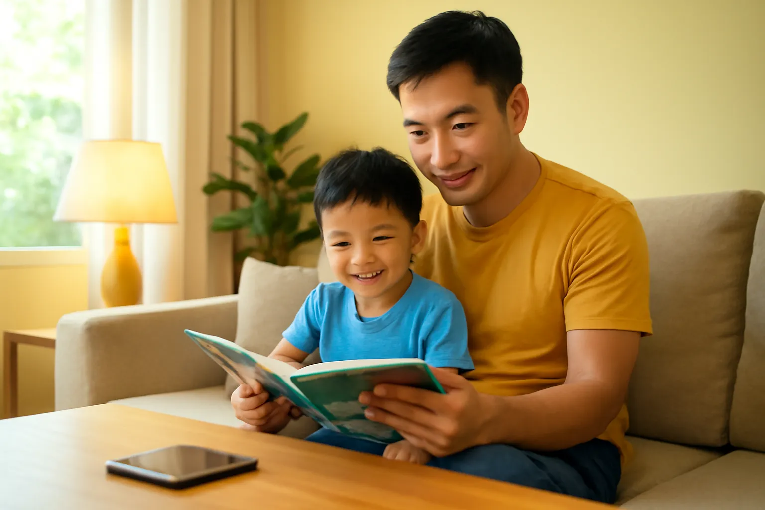 Điện thoại úp mặt trên bàn phòng khách, người cha đọc sách cho con nhỏ
