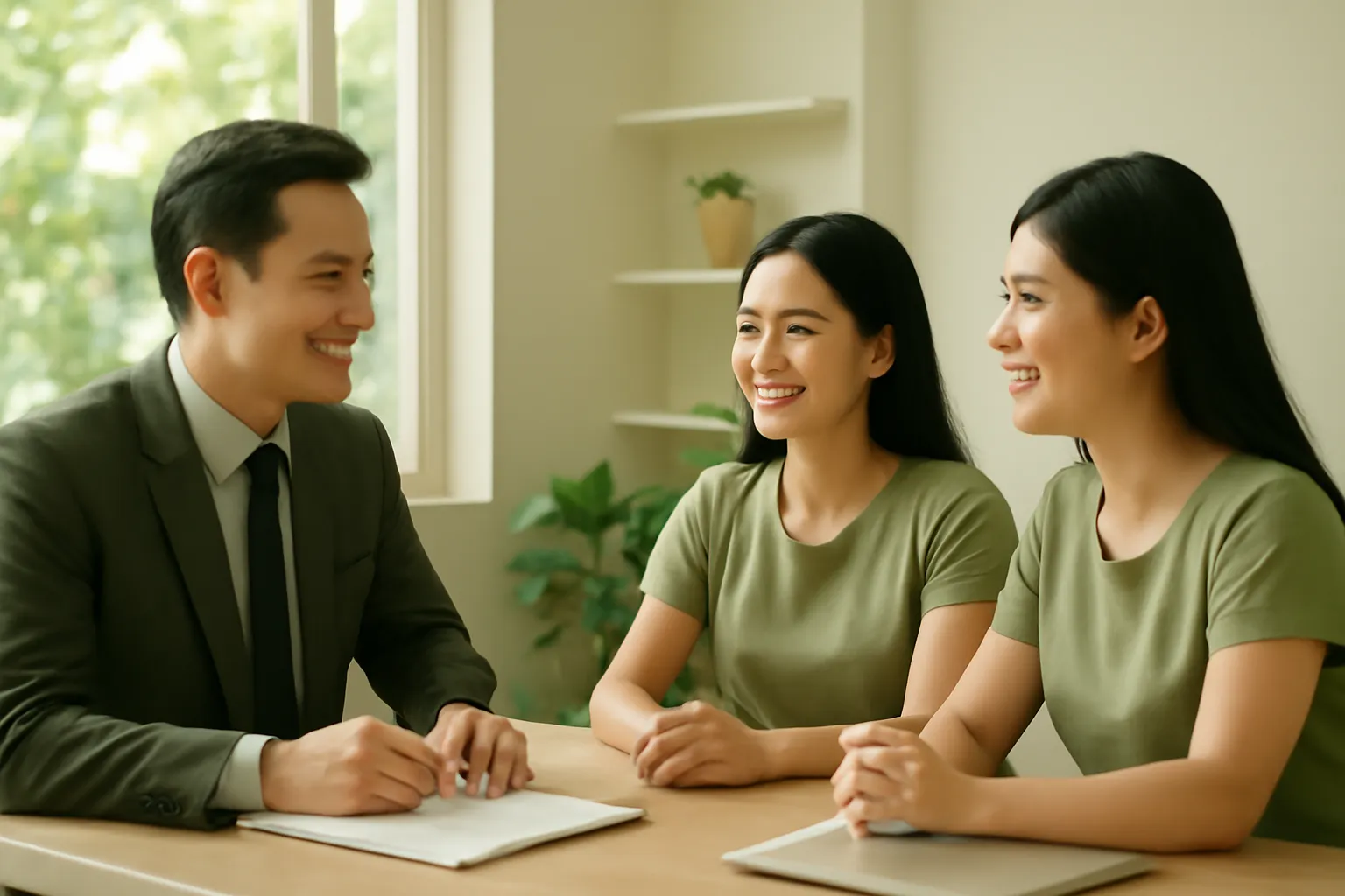Anh quản lý thuê ngoài họp với hai chị em chủ tiệm trong văn phòng nhỏ