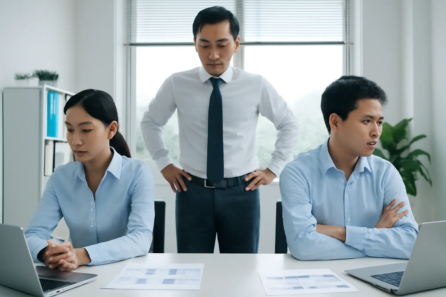 Hai nhân viên ngồi hai đầu bàn quay mặt đi, người quản lý đứng ở giữa