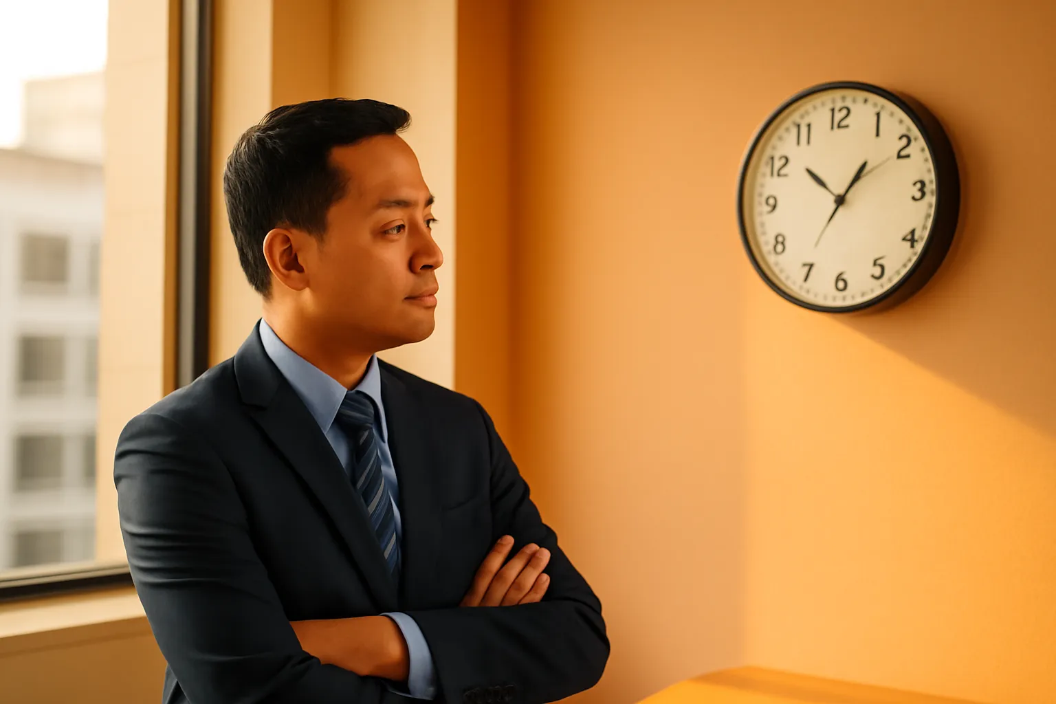 Anh quản lý nhìn lên đồng hồ treo tường trong văn phòng lúc chiều muộn