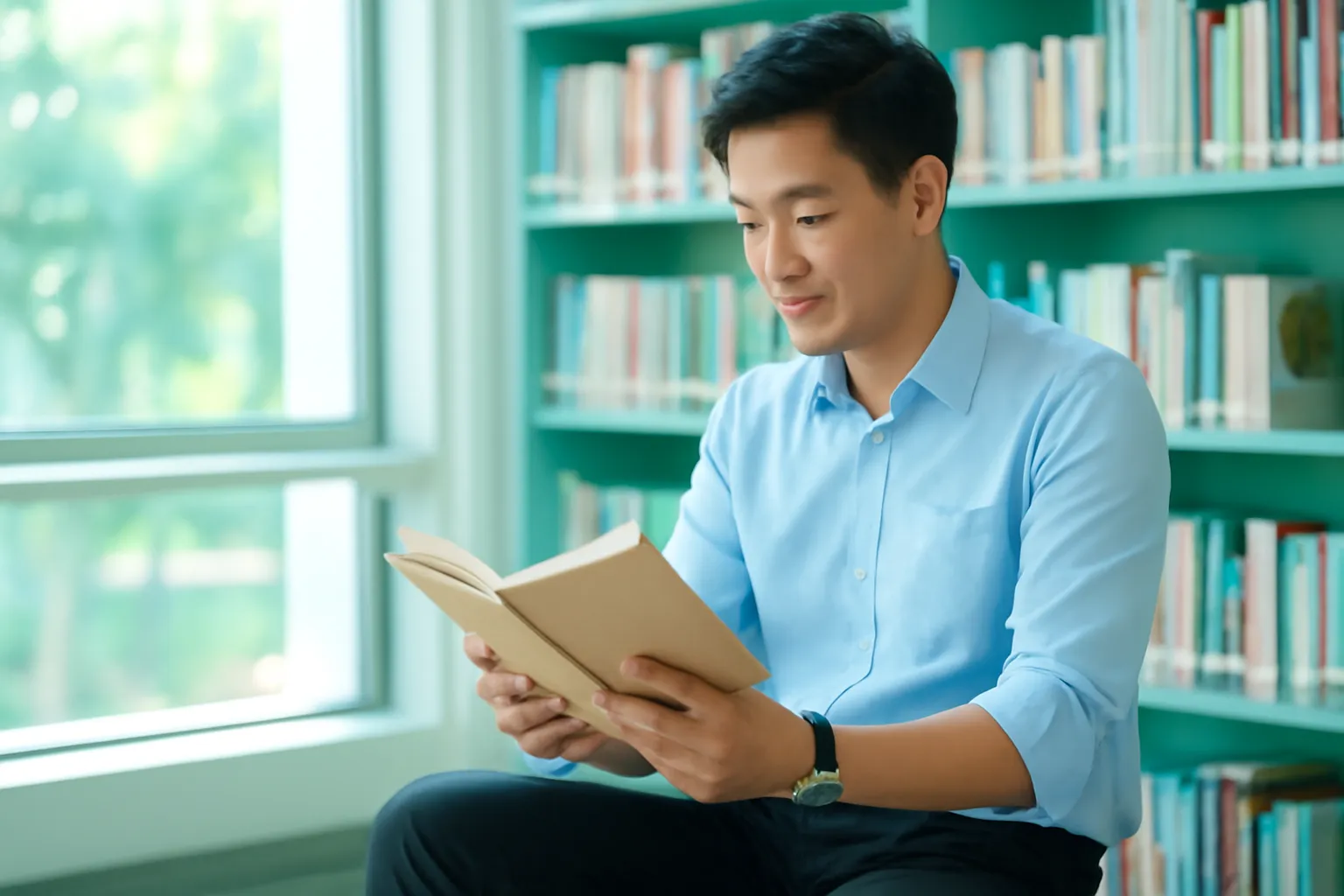 Chị trưởng nhóm trẻ ngồi đọc sách bìa trơn ở góc thư viện sáng sủa