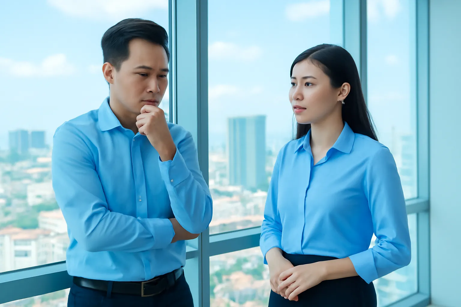 Hai người đứng cạnh cửa sổ tầng cao, một người suy nghĩ, người kia kiên nhẫn chờ