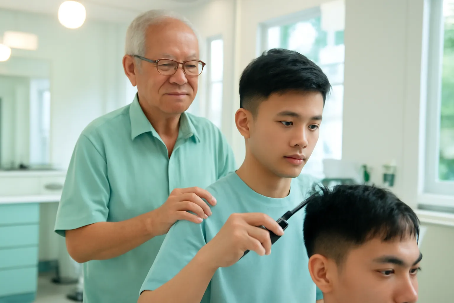 Thợ cắt tóc lớn tuổi đứng sau quan sát thợ trẻ đang cắt tóc cho khách