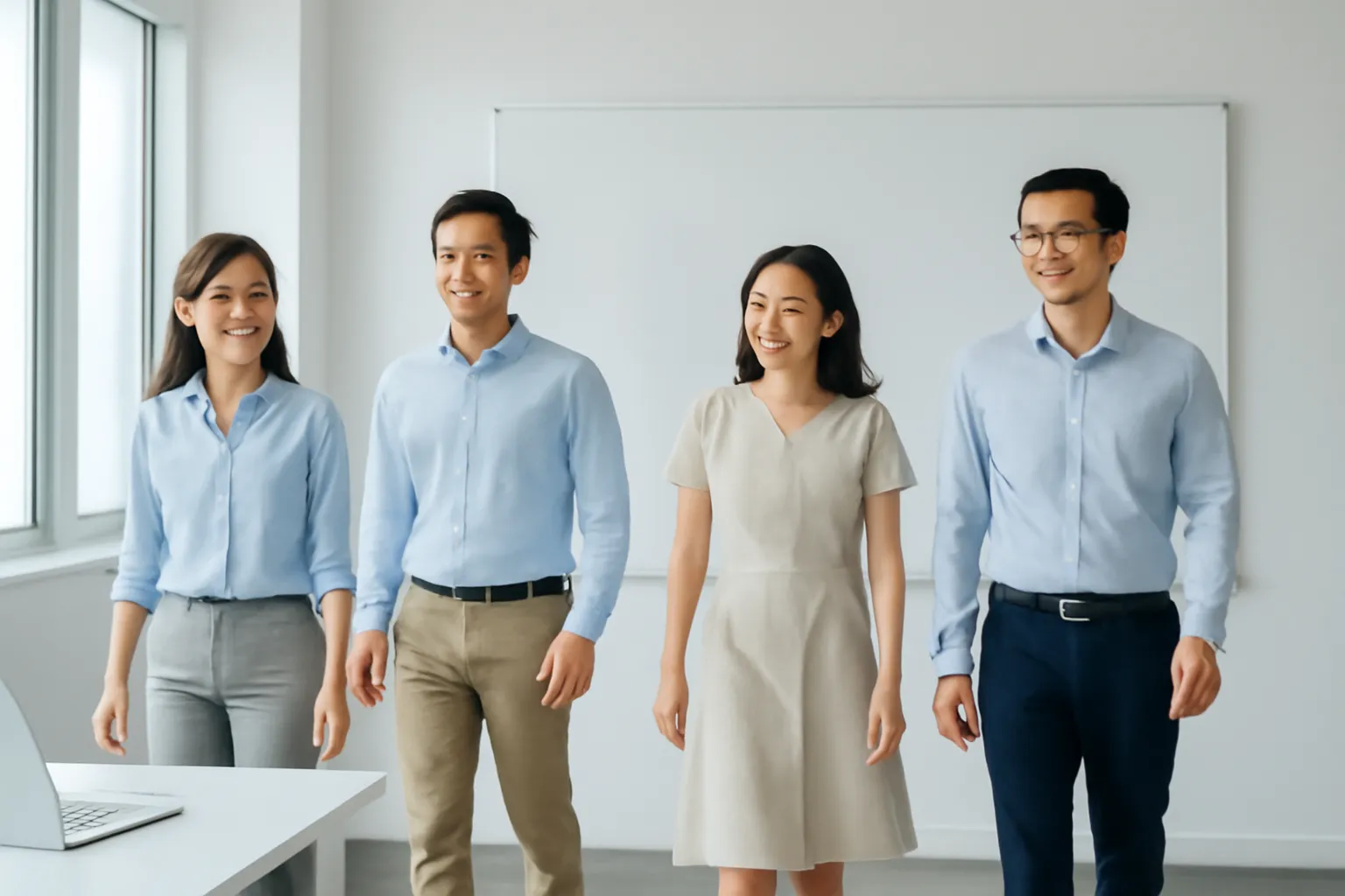 Nhóm nhân viên đứng dậy rời phòng họp, bảng trắng trống phía sau