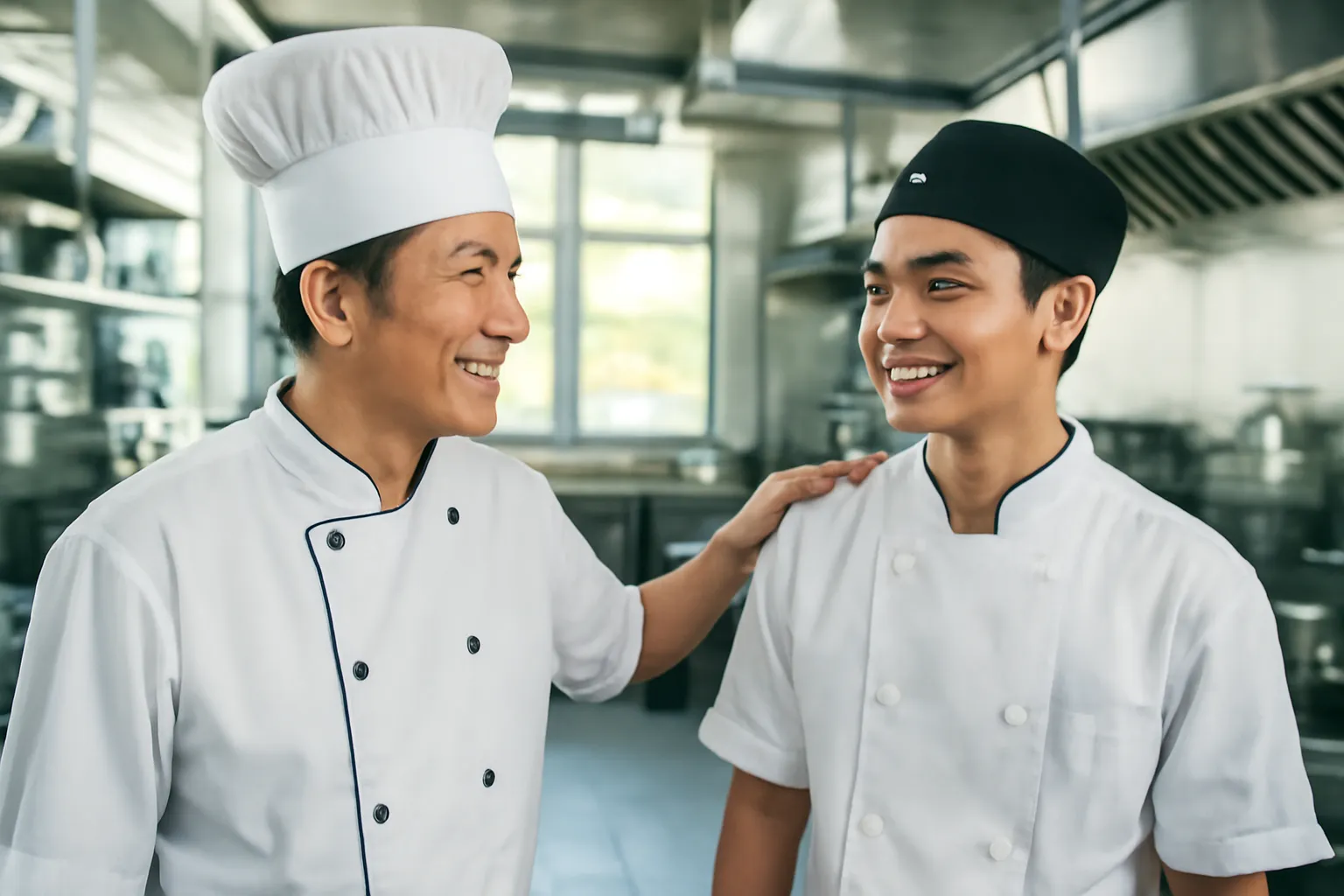 Anh bếp trưởng vỗ vai phụ bếp trẻ trong bếp nhà hàng inox sáng