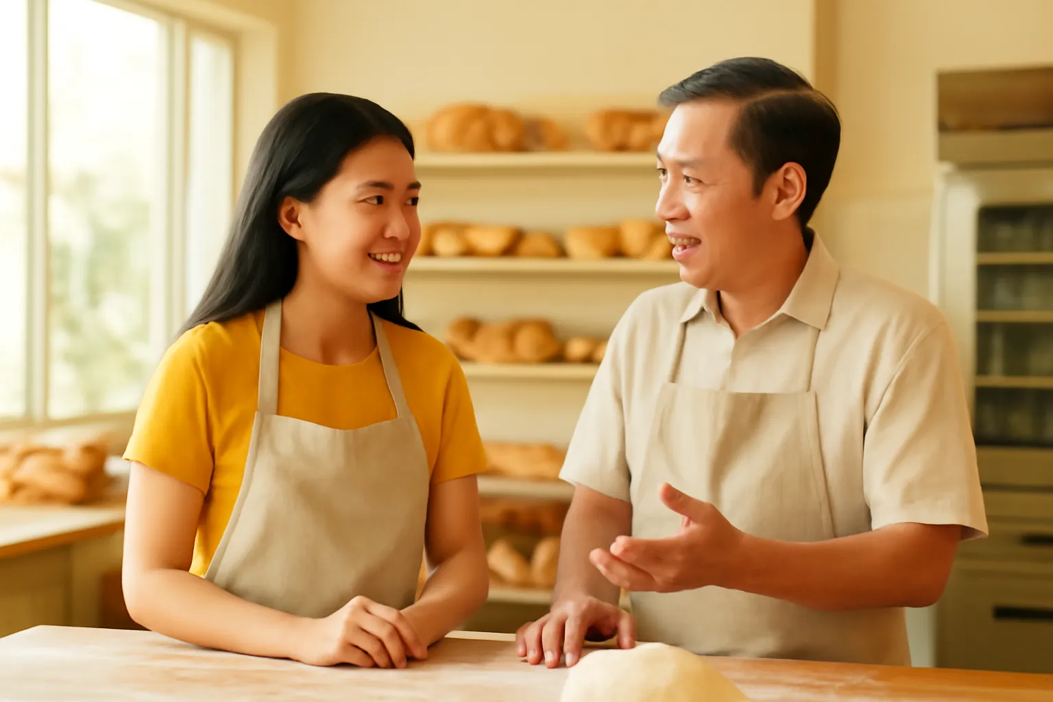 Cô con gái và người cha đứng trao đổi trong xưởng bánh gia đình sáng sủa