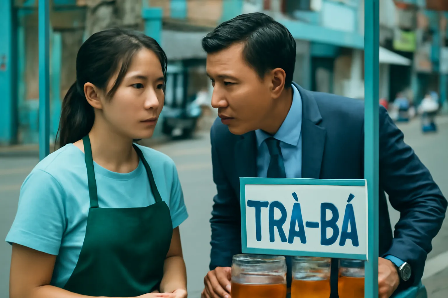 Anh quản lý nghiêng người lắng nghe cô nhân viên kể chuyện ở quán trà đá góc phố