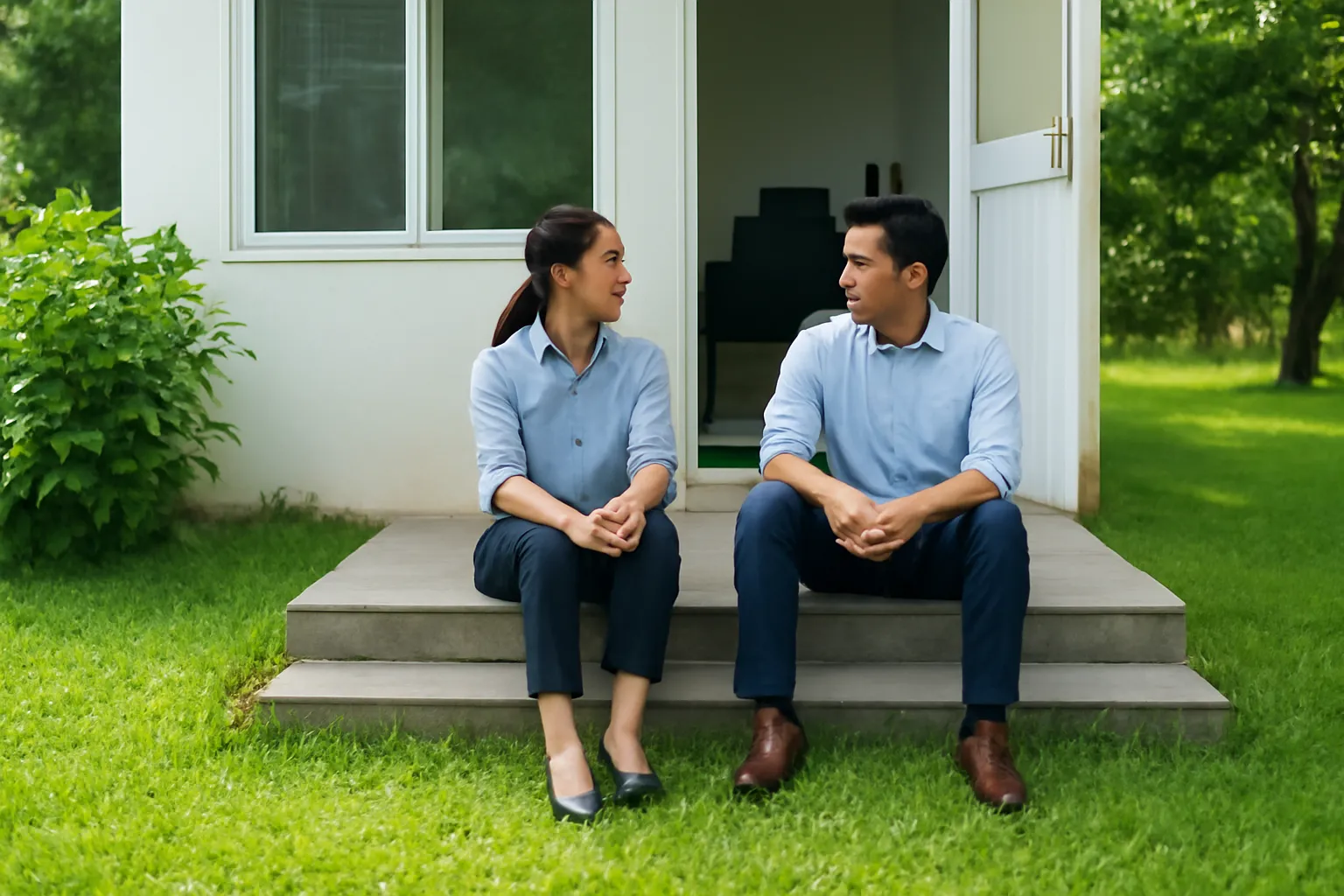Hai người ngồi bậc thềm sân sau văn phòng nhìn ra khoảng cỏ xanh