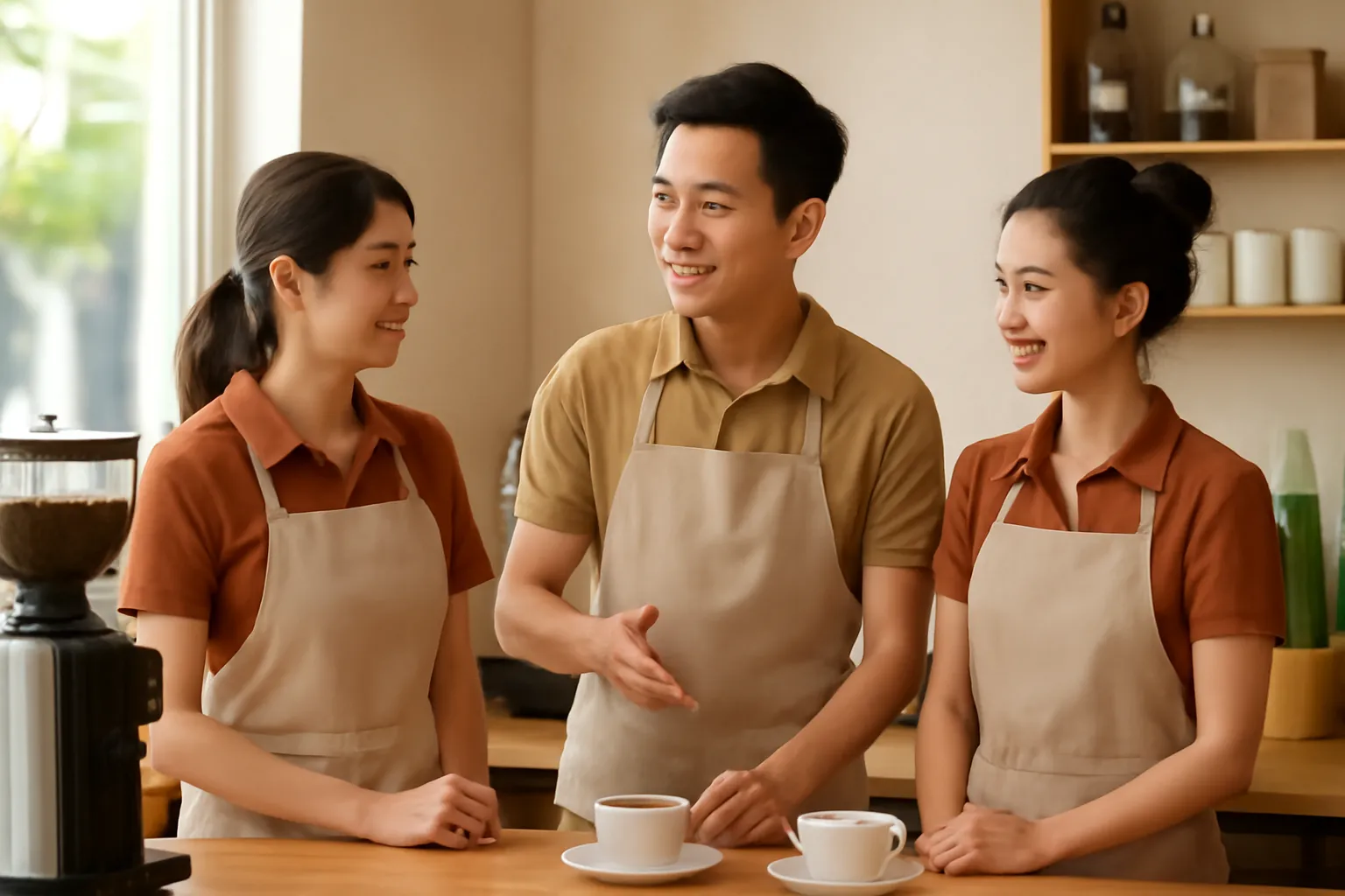 Cô nhân viên trẻ hướng dẫn hai bạn mới trong quán cà phê trước giờ mở cửa