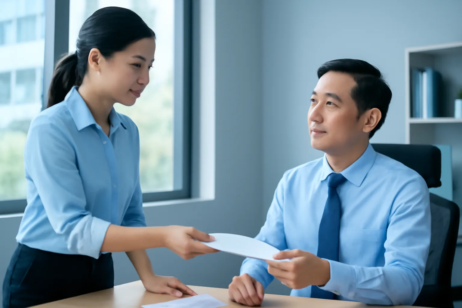 Cô nhân viên đặt phong bì trơn lên bàn, người quản lý ngước lên nhìn