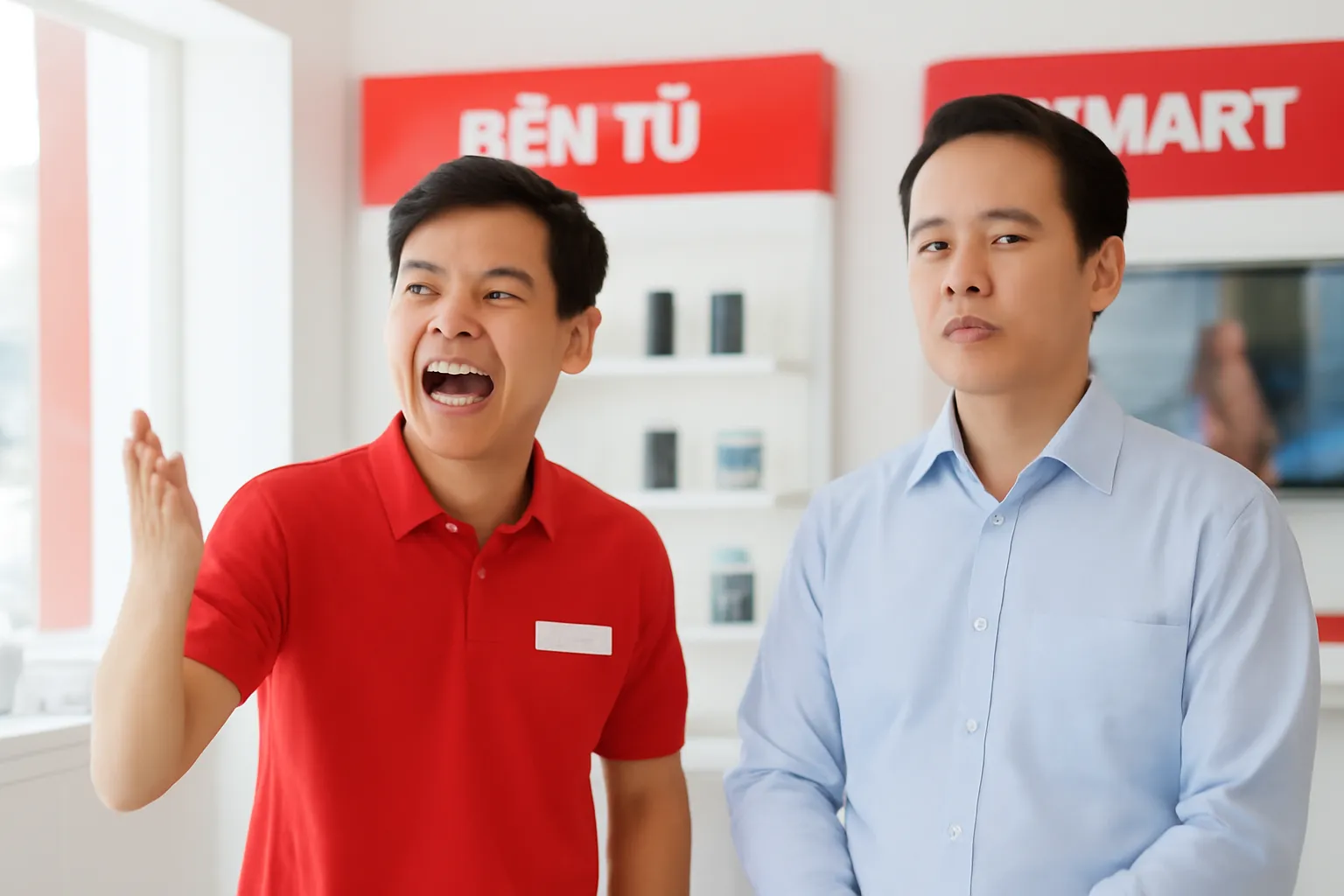 Nhân viên trẻ nói lớn trong cửa hàng điện máy sáng đèn, anh quản lý đứng bình tĩnh