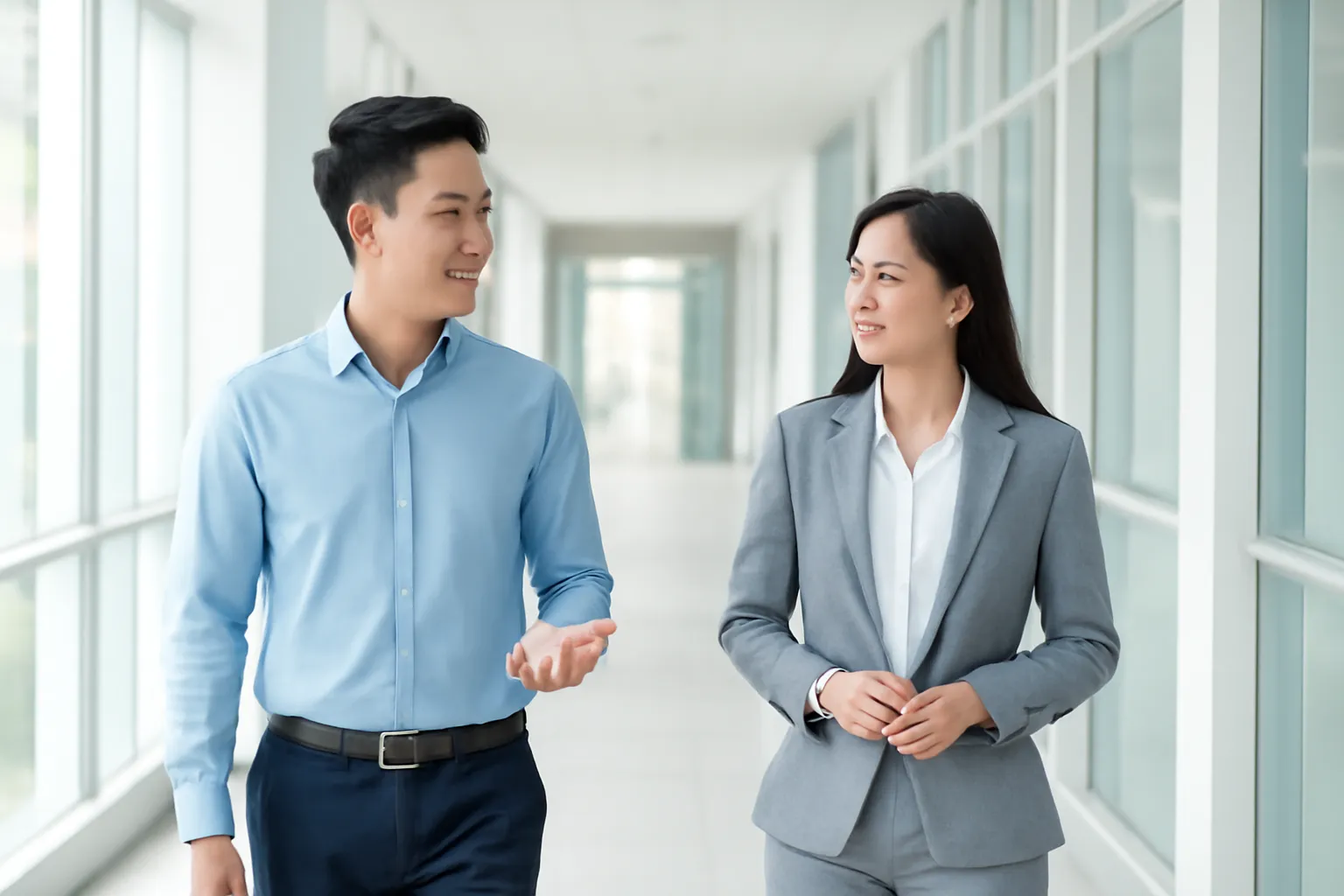 Anh nhân viên trẻ và chị quản lý vừa đi vừa trò chuyện trên hành lang toà nhà