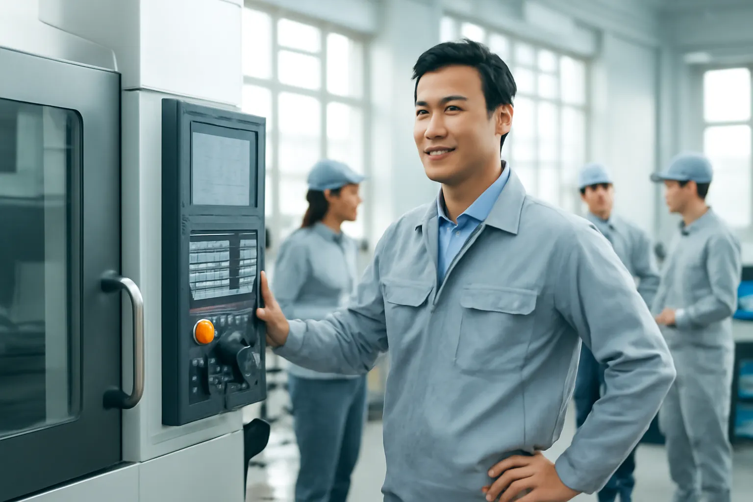 Anh kỹ sư đứng cạnh máy gia công trong xưởng sáng nhìn về phía nhóm thợ