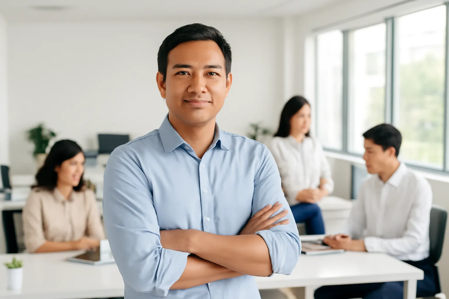 Một người đứng khoanh tay giữa phòng, đồng nghiệp xung quanh né ánh mắt