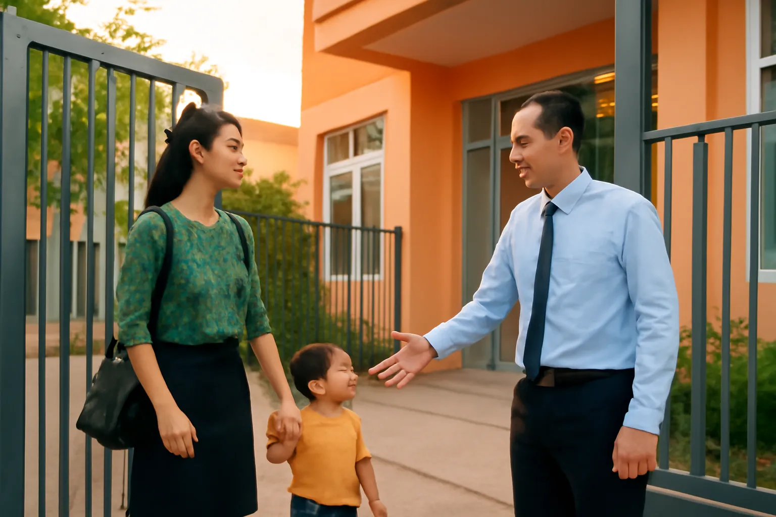 Chị nhân viên dắt con nhỏ đứng ở cổng văn phòng sáng sớm, quản lý chào