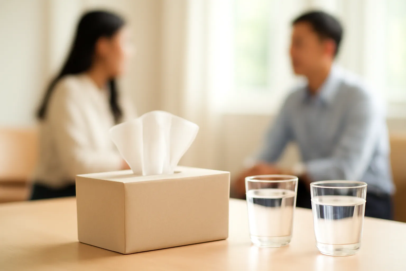 Hộp khăn giấy và hai cốc nước trên bàn họp nhỏ, hai bóng người mờ phía sau