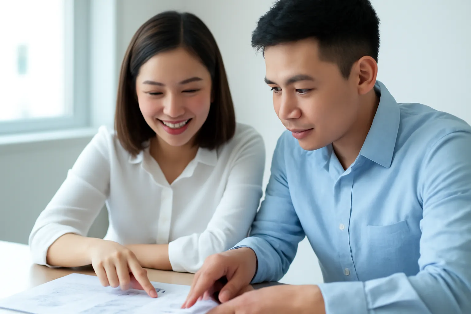 Hai người cúi xem tập giấy in mờ trên bàn trong phòng họp nhỏ sáng