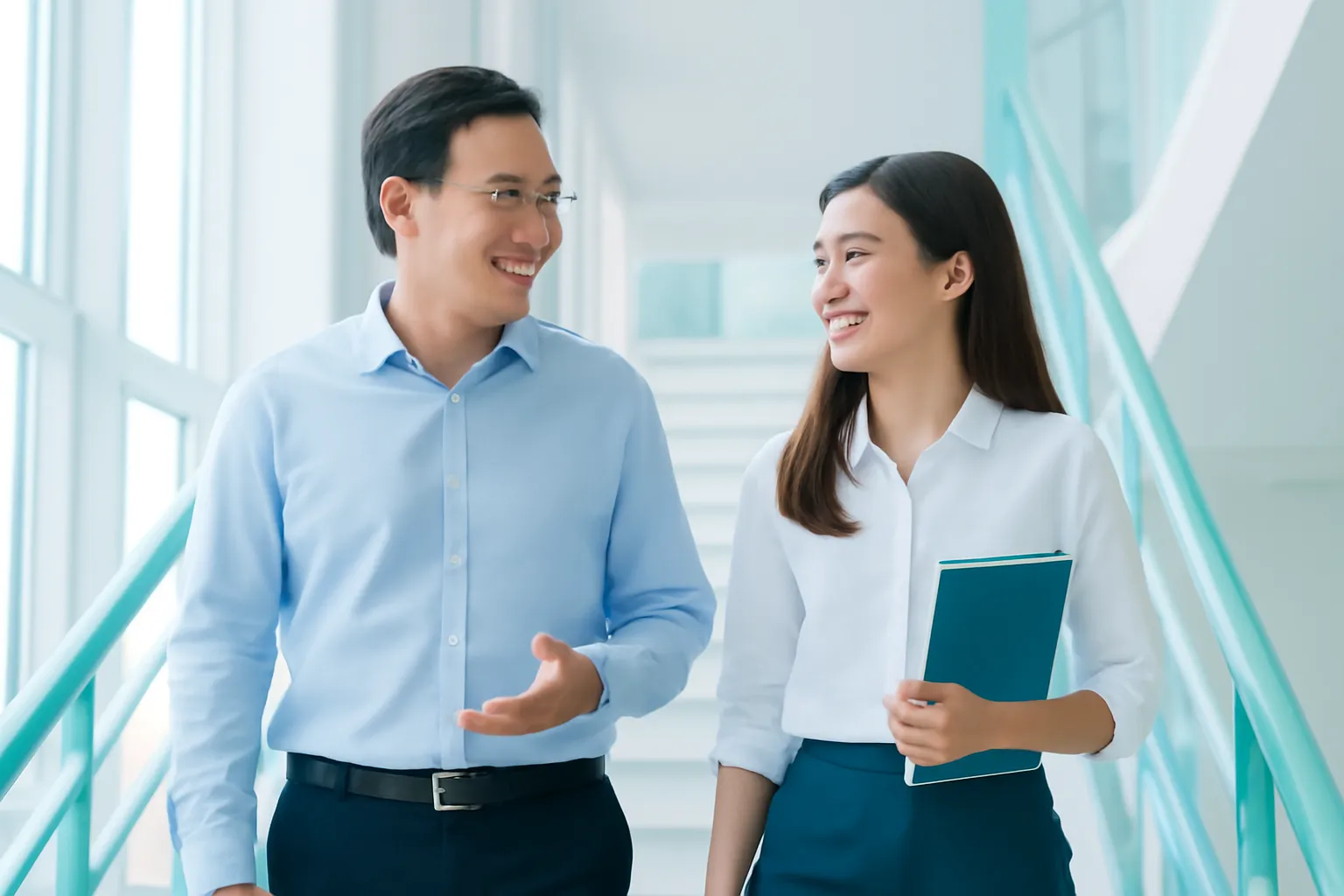 Hai người vừa đi cầu thang bộ trong toà nhà sáng vừa trò chuyện