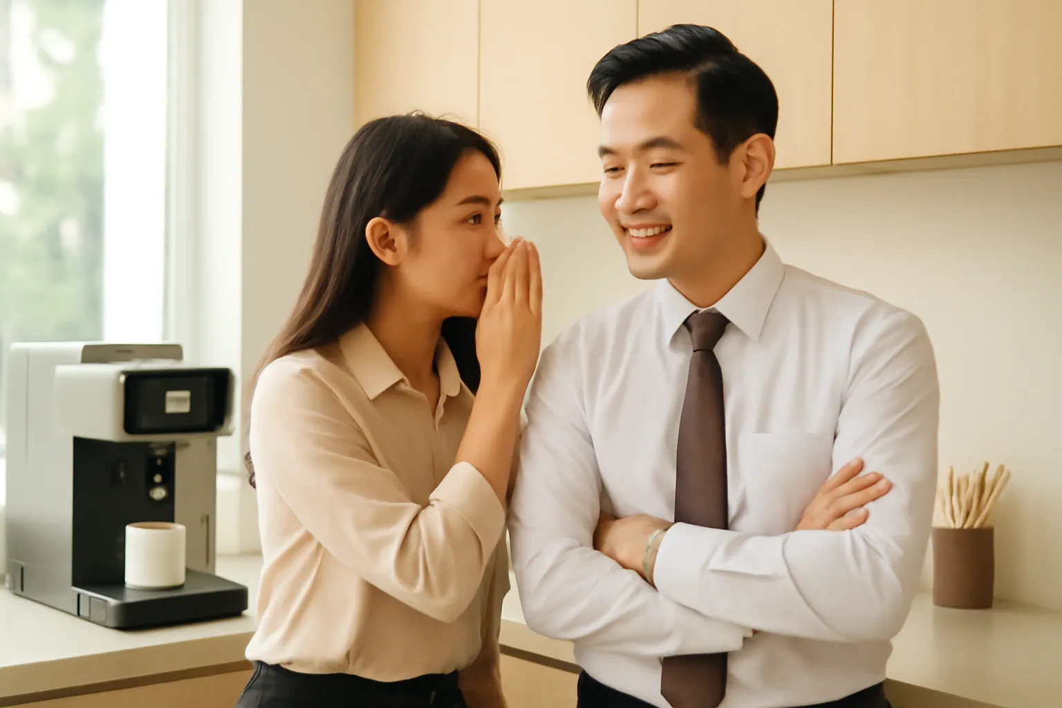 Cô nhân viên nói nhỏ với quản lý cạnh máy pha cà phê trong văn phòng