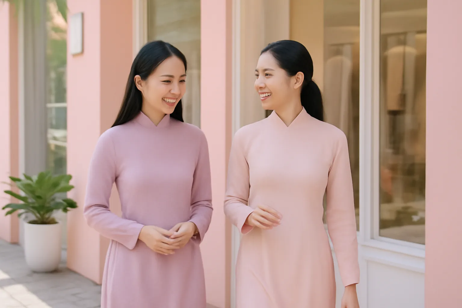Hai phụ nữ đi dạo ngoài hiên cửa hàng thời trang buổi sáng, nói chuyện nhỏ nhẹ