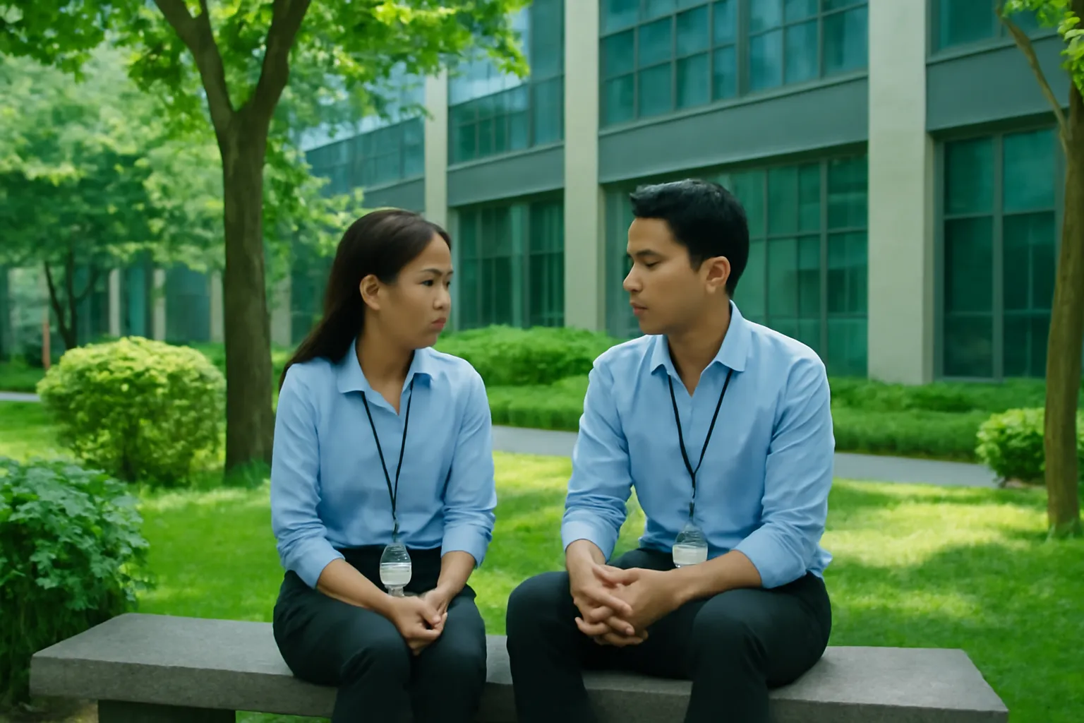 Hai người ngồi ghế đá công viên nhỏ cạnh văn phòng, trò chuyện nghiêm túc