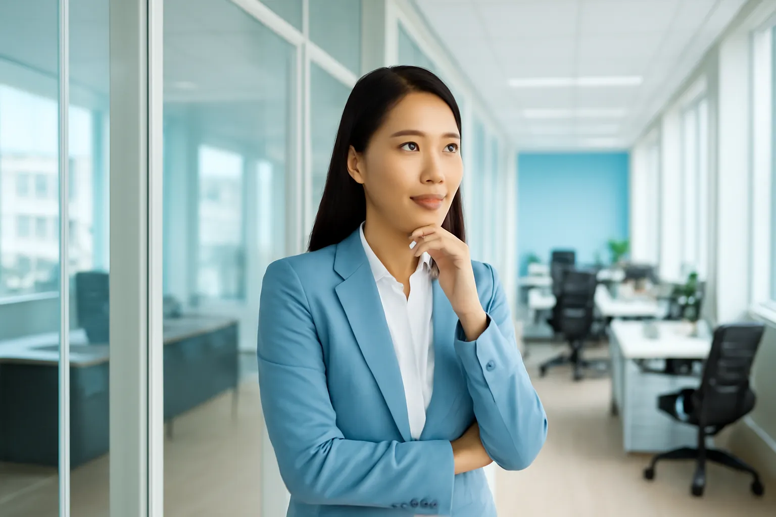 Người phụ nữ đứng giữa hành lang kính, một bên phòng giám đốc, một bên khu làm việc