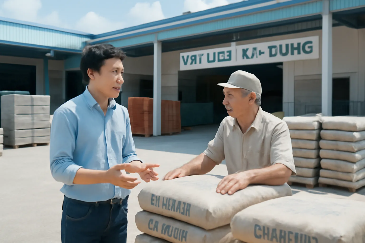 Anh chủ cửa hàng vật liệu xây dựng trẻ trao đổi với người chú đang xếp bao