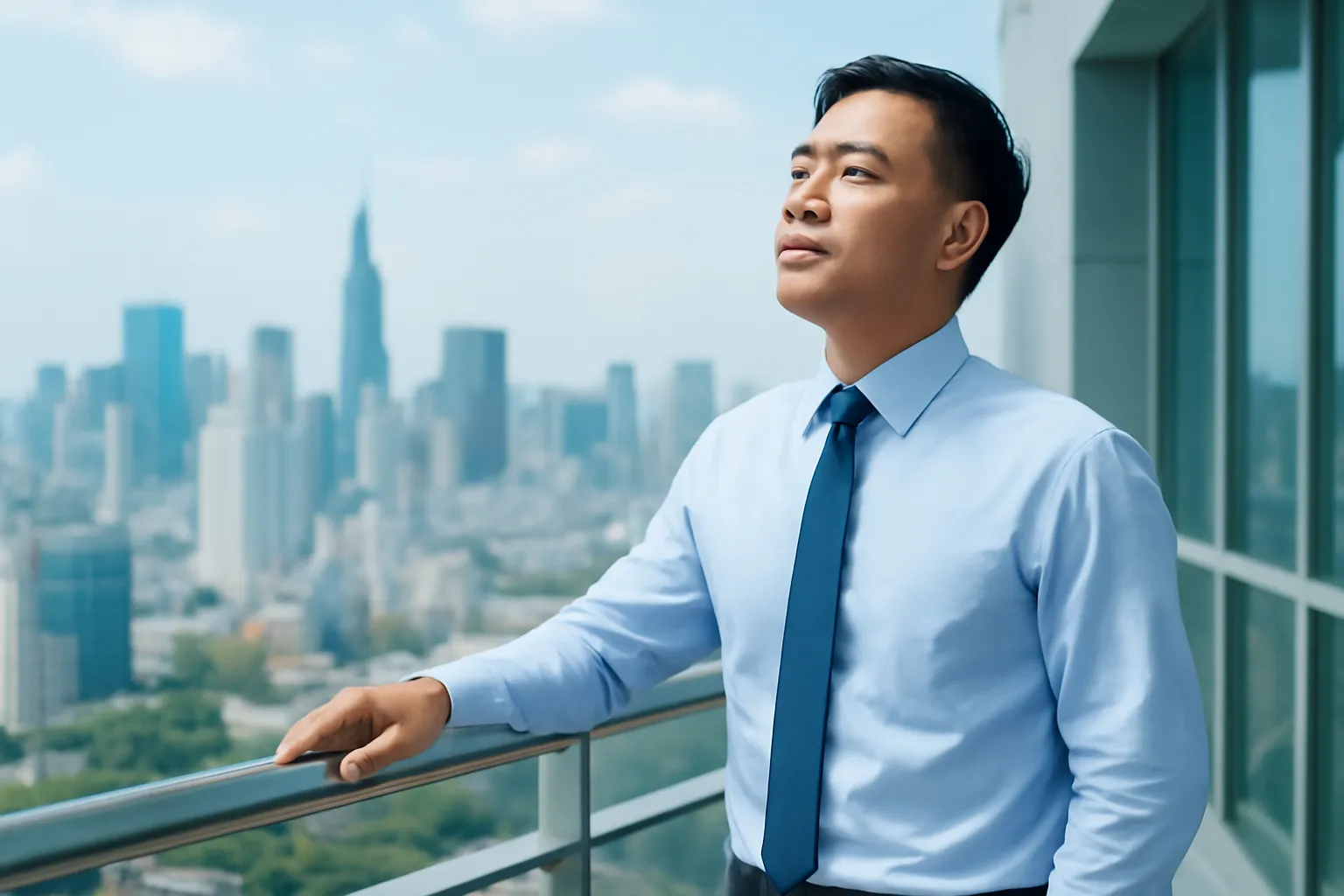 Anh quản lý đứng một mình ở ban công văn phòng hít thở, thành phố phía xa