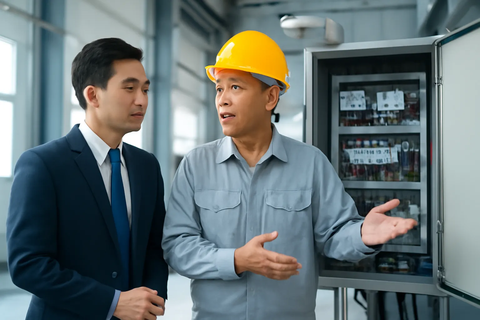 Anh quản lý trẻ đứng nghe bác kỹ thuật viên giải thích bên tủ điện mở