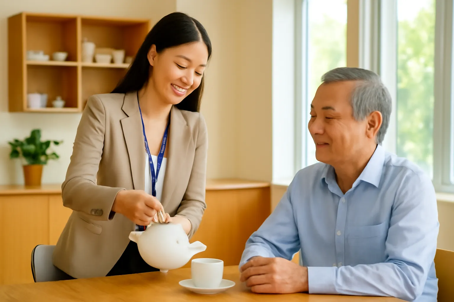 Cô quản lý trẻ rót trà mời chú nhân viên lớn tuổi trong phòng nghỉ