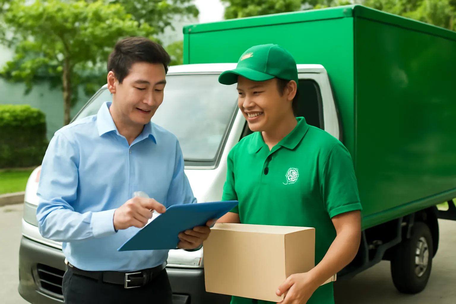 Anh quản lý và chàng trai trẻ mặc đồng phục kiểm hàng cạnh xe tải nhỏ