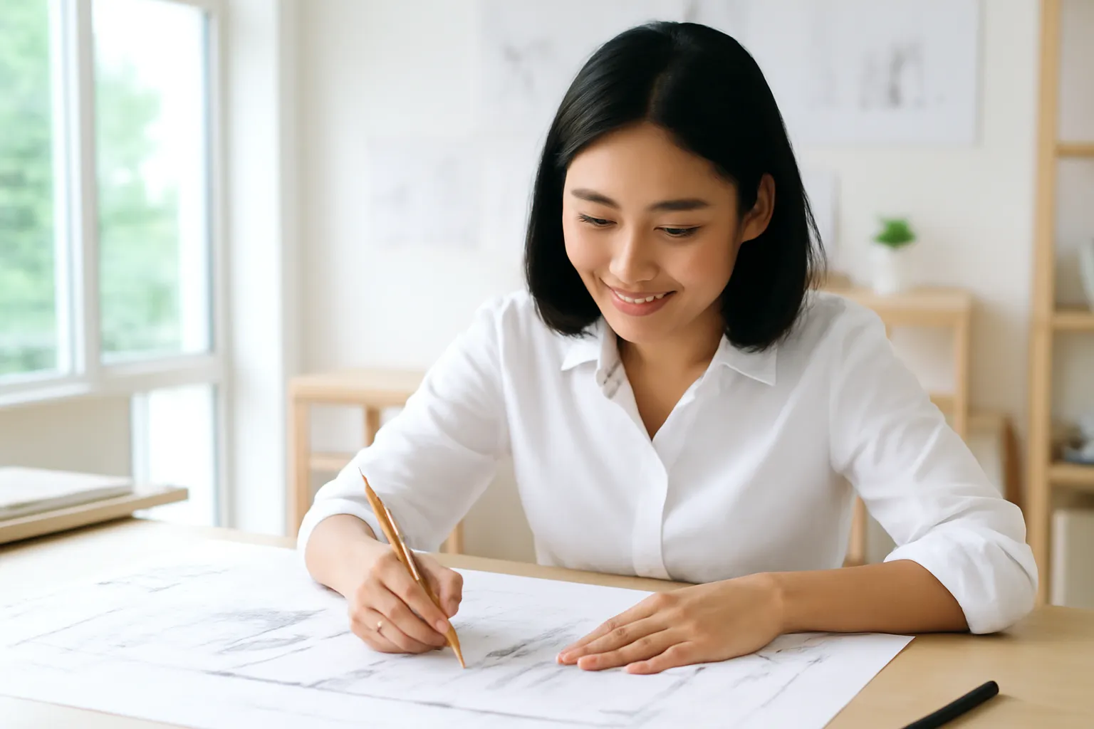 Chị kiến trúc sư ngồi vẽ tay trên bàn vẽ lớn trong xưởng thiết kế sáng
