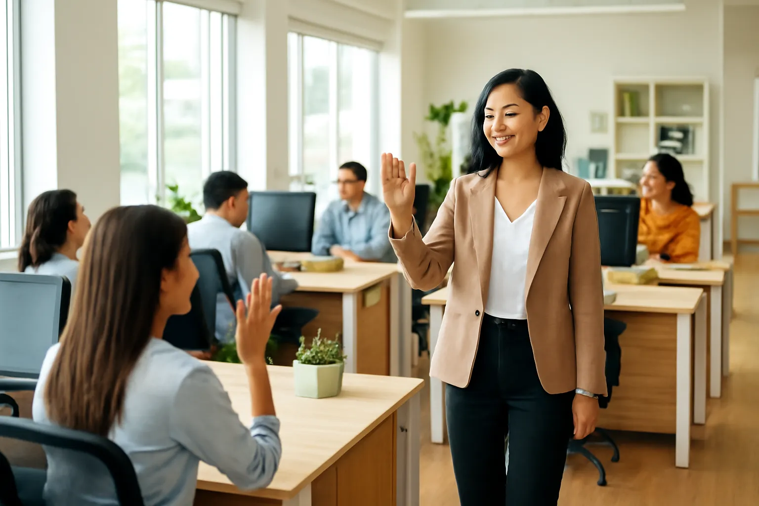 Chị quản lý đi ngang dãy bàn văn phòng, gật đầu chào nhân viên mà không dừng lại