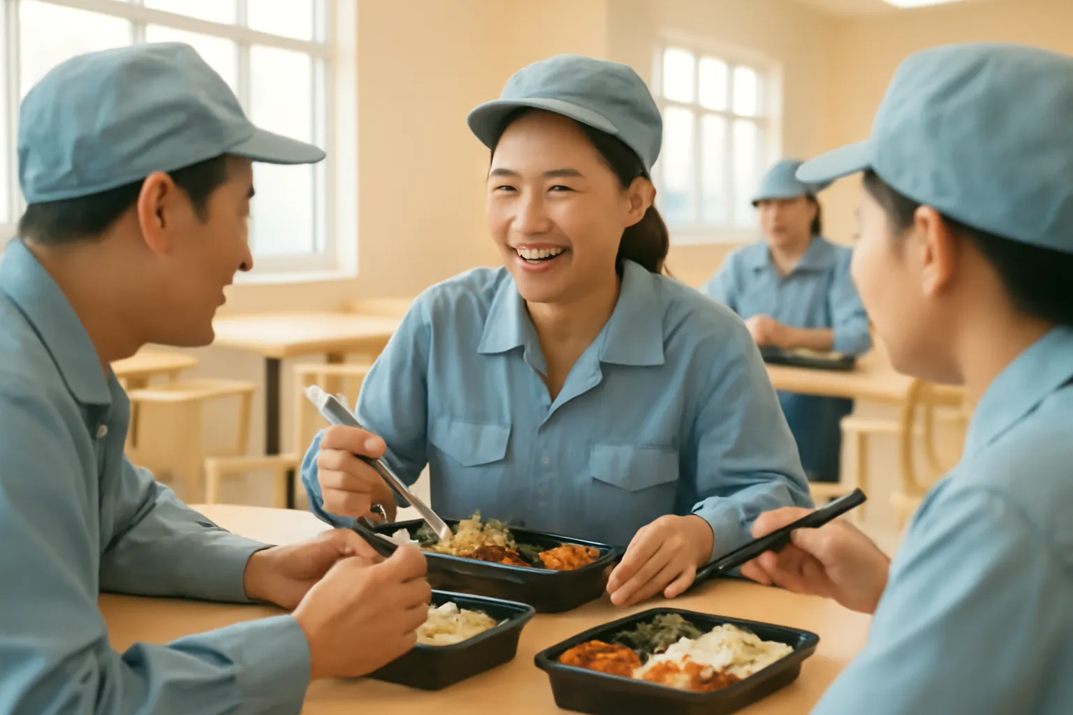 Chị trưởng ca ăn trưa hộp cơm cùng công nhân trong căng tin nhà máy sáng sủa