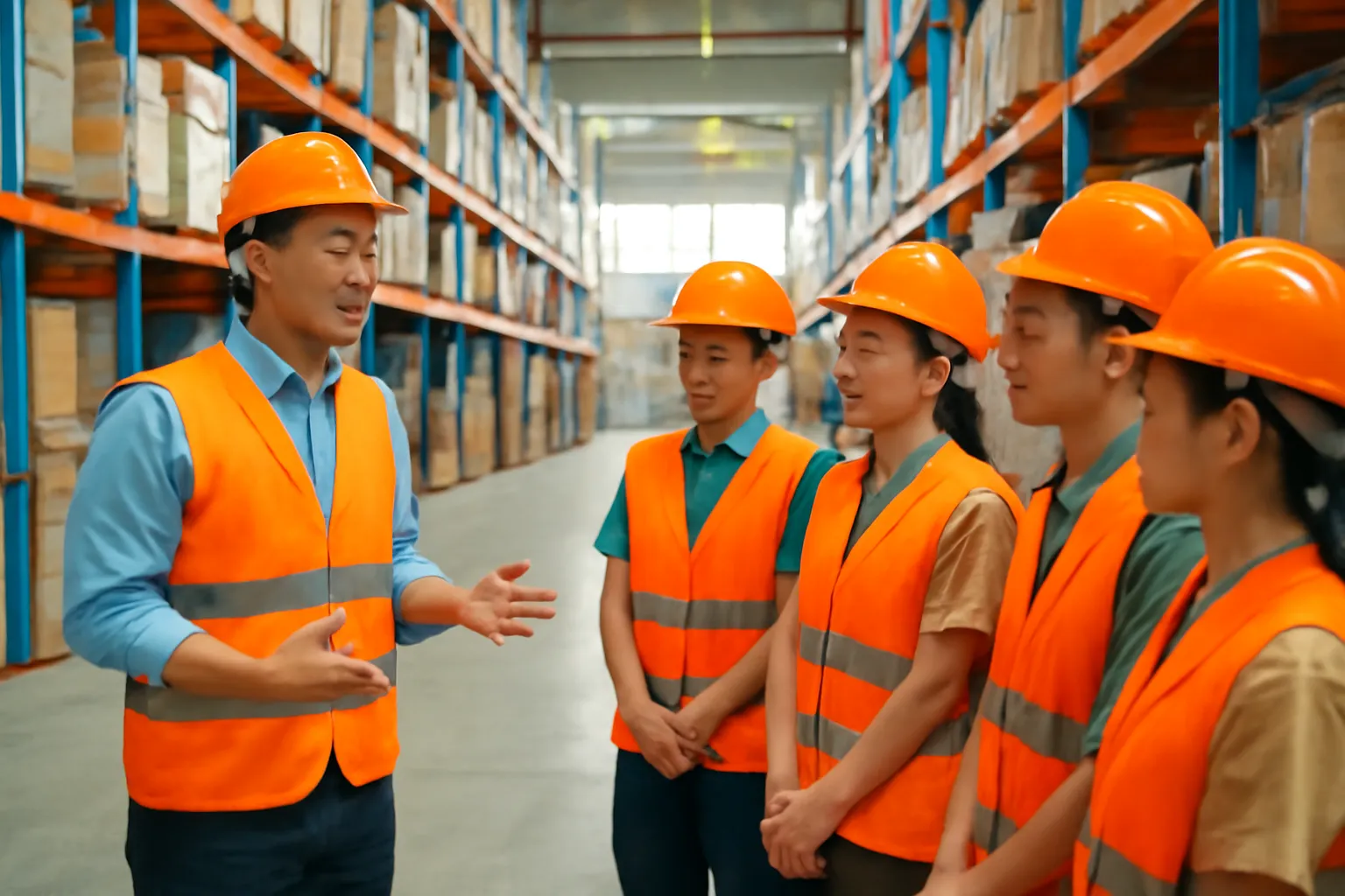Anh quản lý đứng nói trước nhóm nhân viên kho đội mũ bảo hộ lúc đầu ca sáng