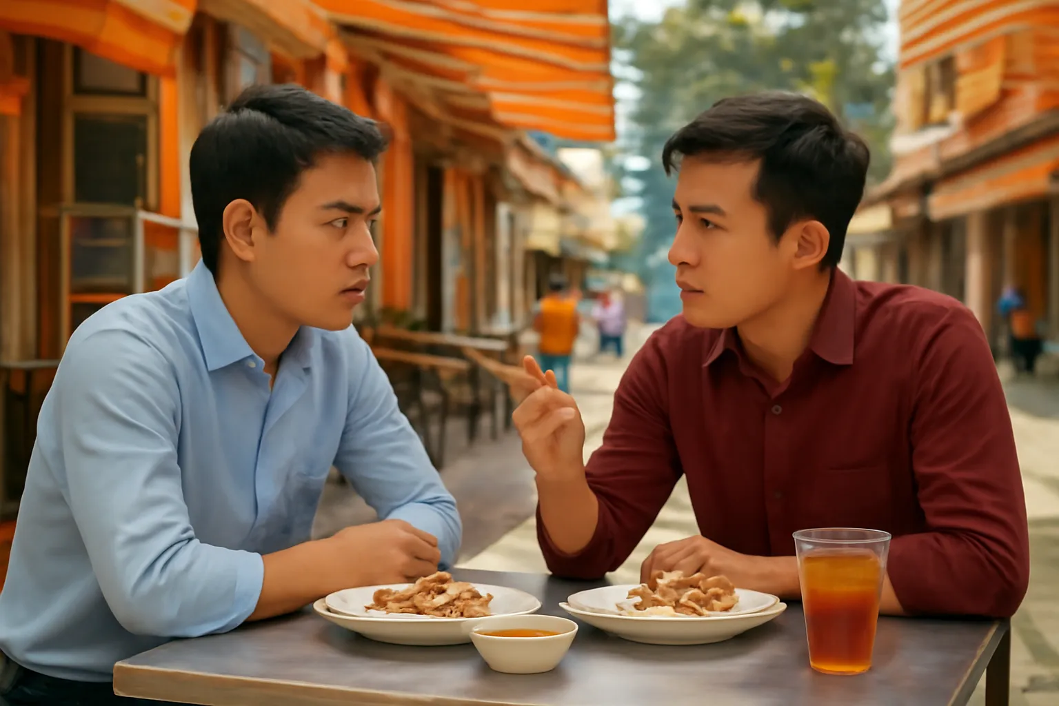 Hai anh trẻ ngồi quán cơm trưa vỉa hè trò chuyện nghiêm túc giữa trưa nắng
